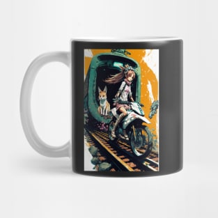 Japanese anime girl riding a bike on the train track Mug